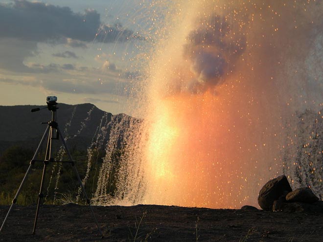 What happens when you add water to sodium? This photo says it all. Sodium is an alkali metal, part of a group of extremely reactive metals. It doesn't take much for them to react and as this photo shows, a little water is more than enough.